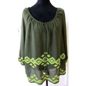 Stylus Women's  Smock Top Hunter Green/Lime accents  1X  NWOT